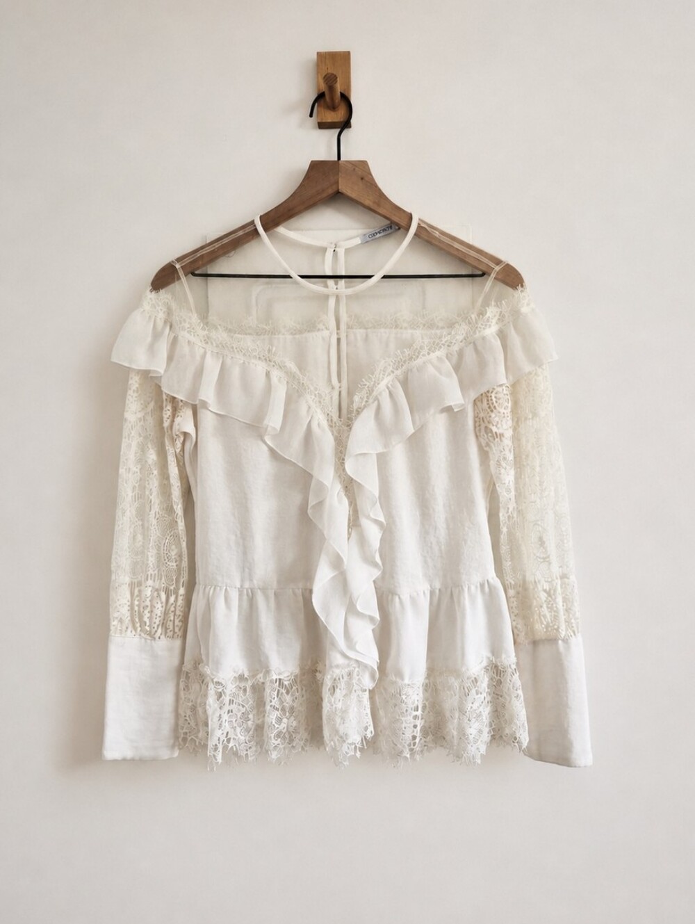 Corporeum Boho Ivory Lace Sheer Victorian Peplum Blouse Size 38